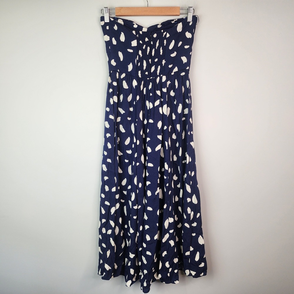 Reformation Aymeline Strapless Midi Dress Women's 2 Navy Blue White Abstract Dot - Picture 5 of 8
